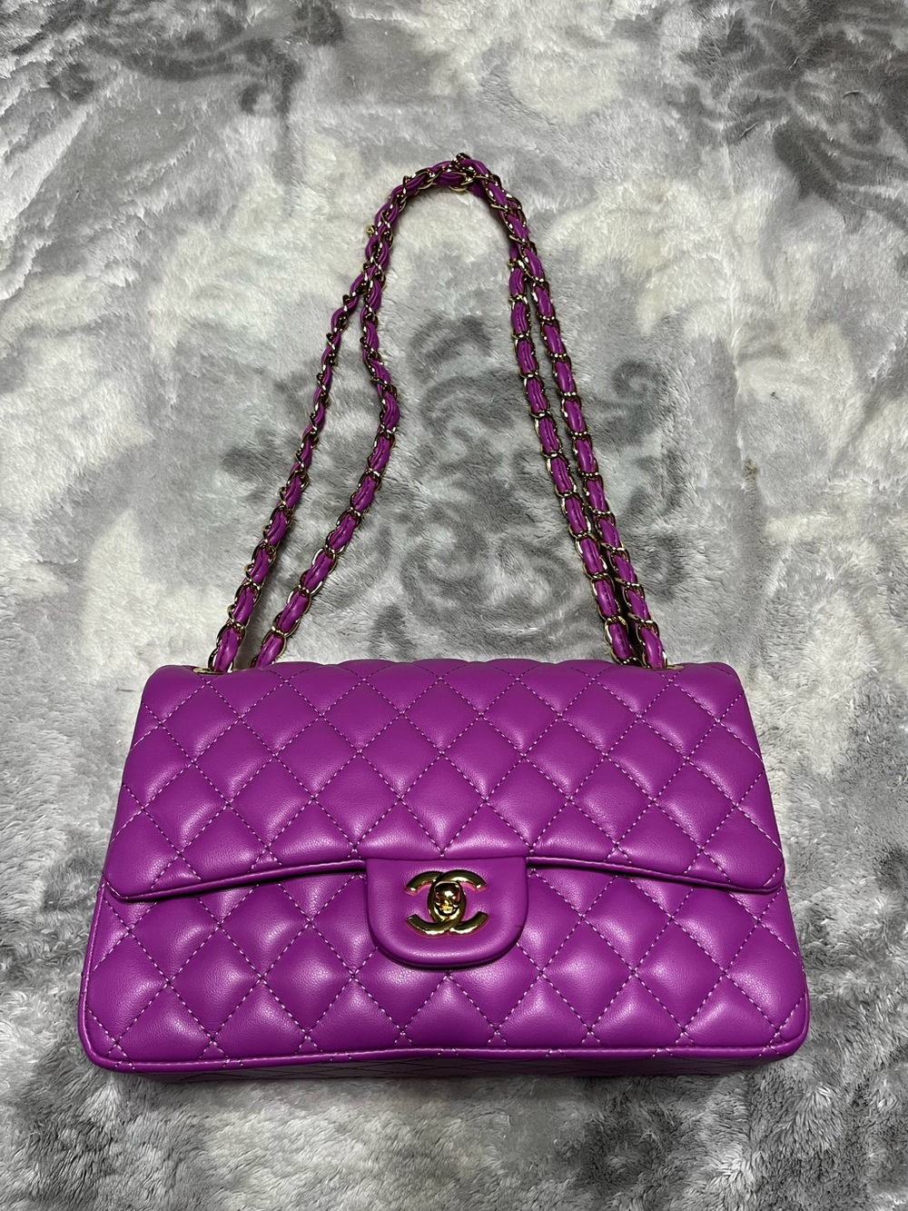 Double C Purple Gold Tone Hardware Quilted Chain Strap Classic Flap Bag Purse